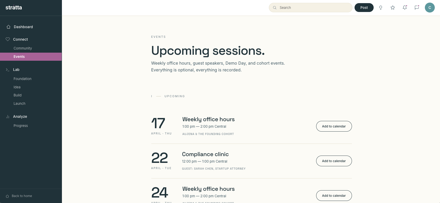 Upcoming events including weekly office hours and workshops